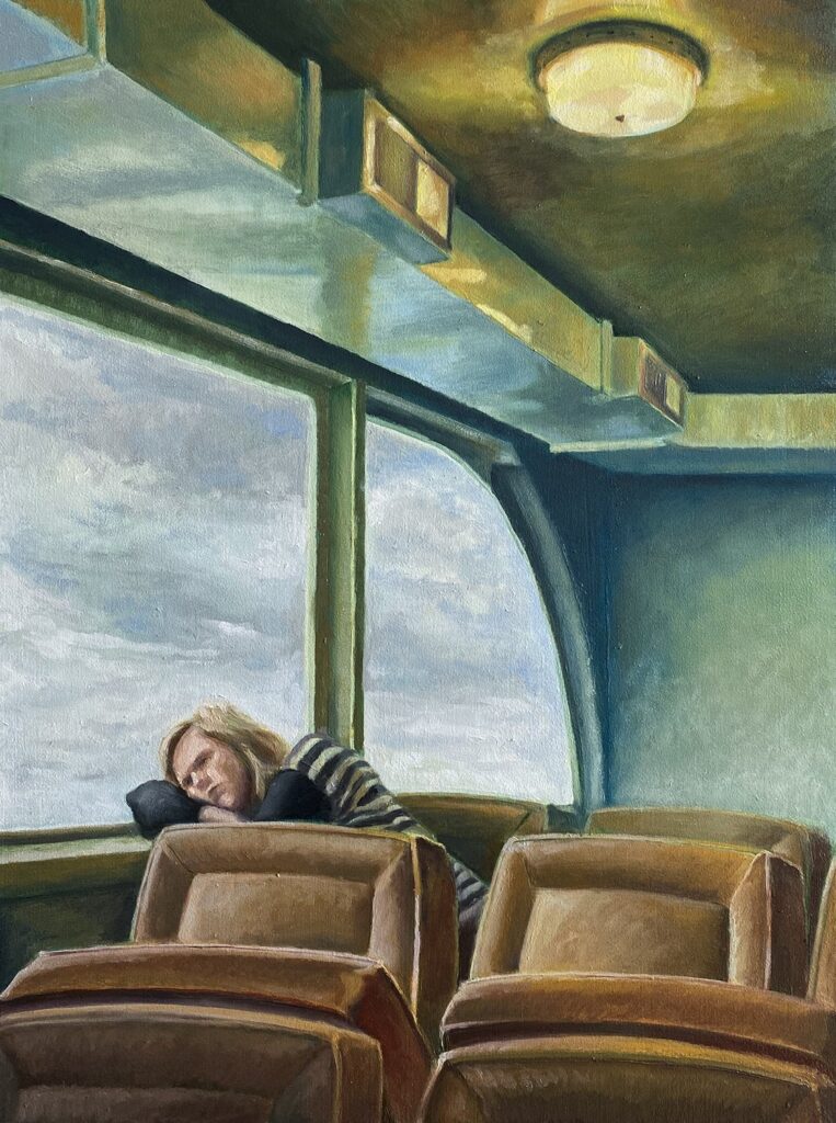 Portrait of Solitude on a Ferry, by Erin Miller, 2020, oil on birch panel