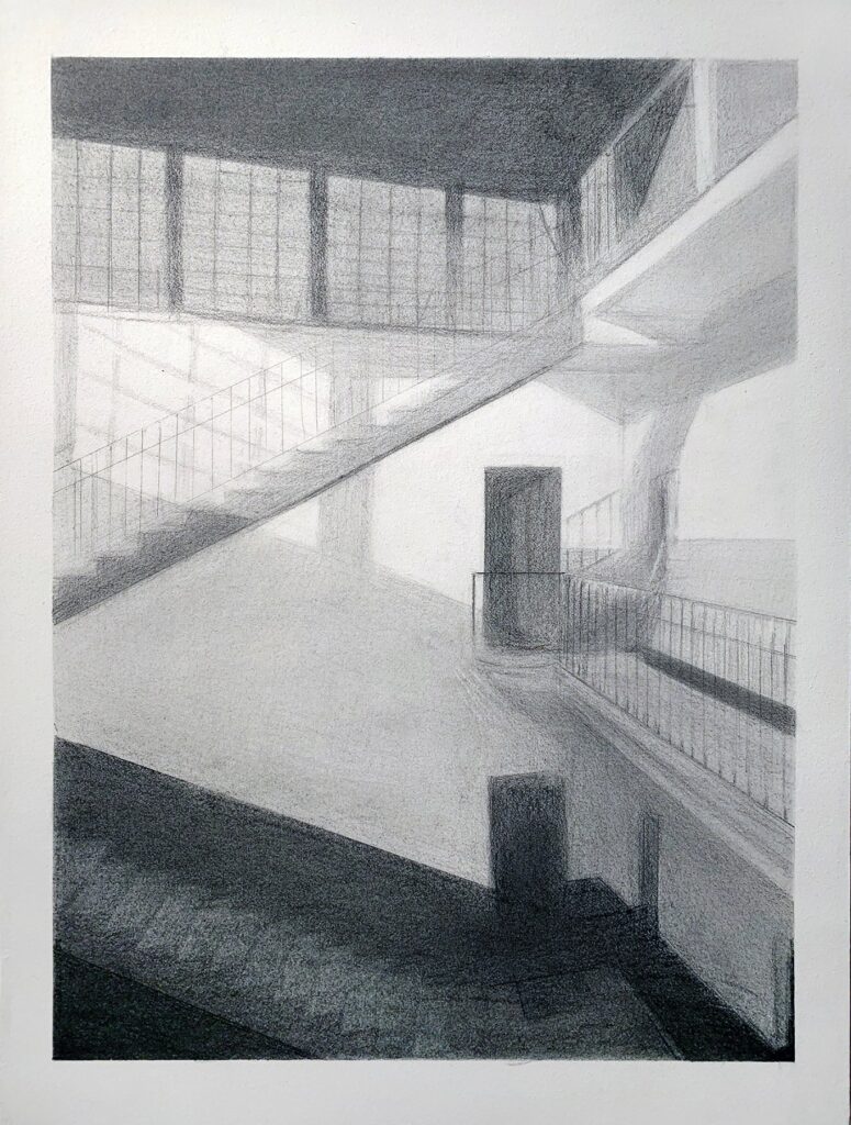 Stairways, by Rebecca Montes, 2019, graphite on paper
