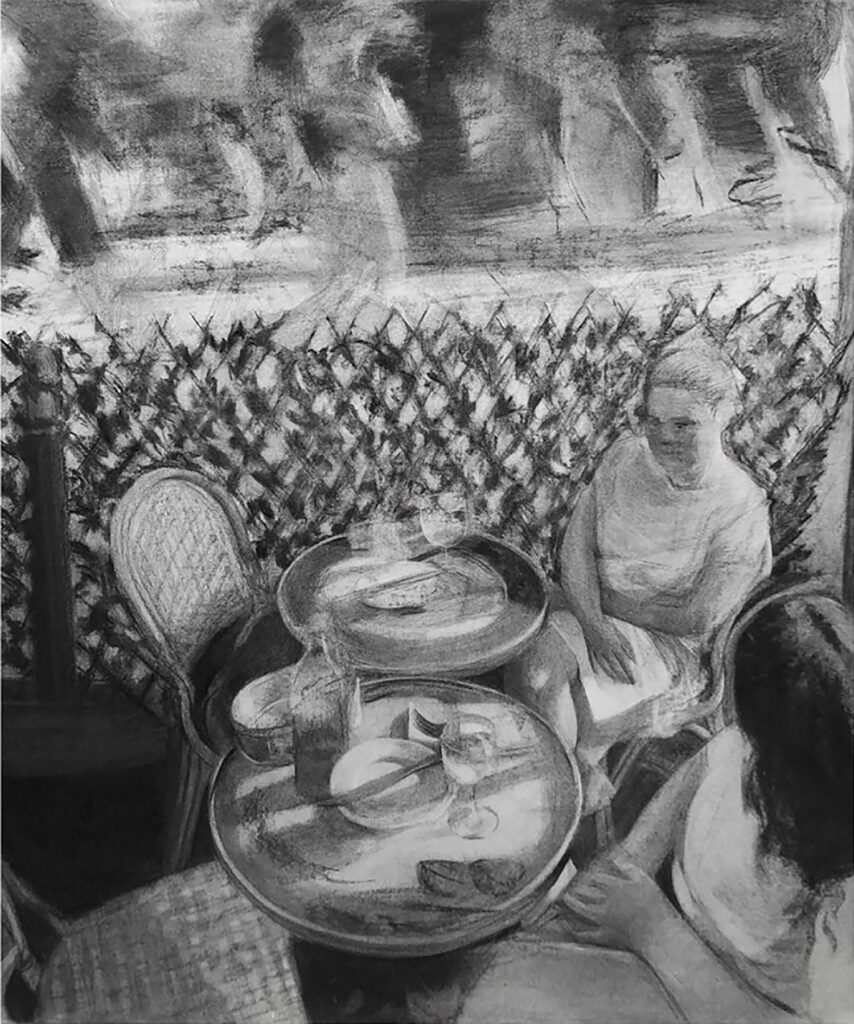 Through the Grapevine, by Rebecca Montes, 2020, charcoal, graphite, and chalk on paper mounted to panel
