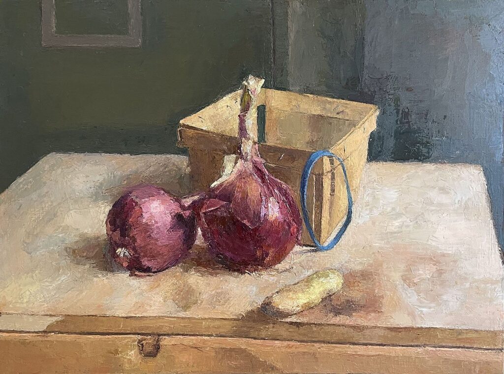 Onions, by Norie Morimoto, 2022, oil on panel