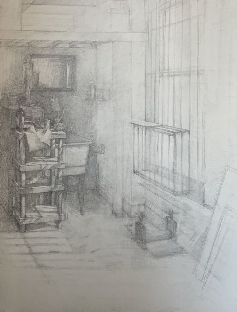 Studio, by Norie Morimoto, 2022, graphite on paper