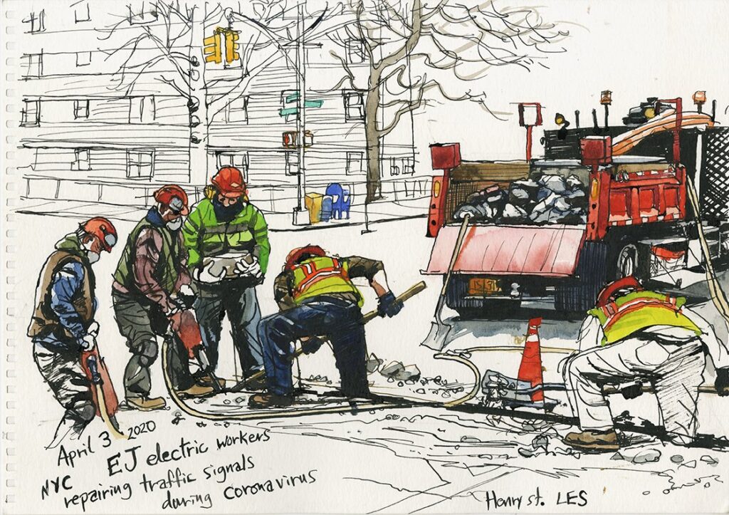 EJ Electric Workers in LES During Covid, by Steve Mumford, 2020, ink and waterclor on paper