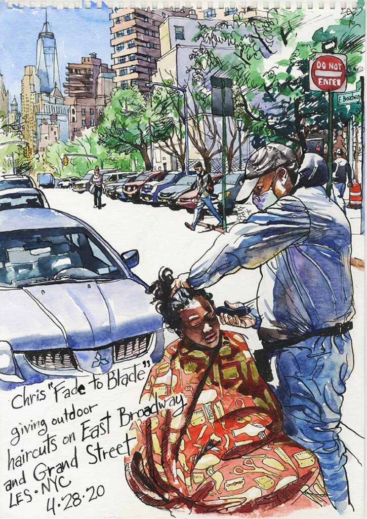 Outside Barber in LES During Covid II, by Steve Mumford, 2020, ink and waterclor on paper