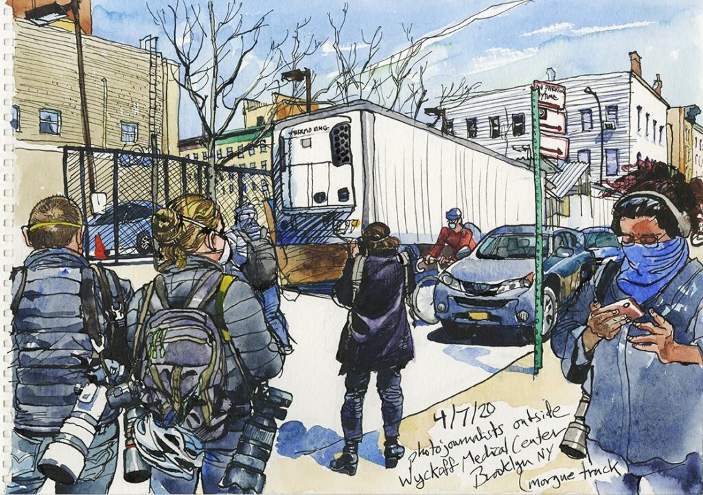 Wyckoff Hospitals with Reporters During Covid, by Steve Mumford, 2020, ink and waterclor on paper