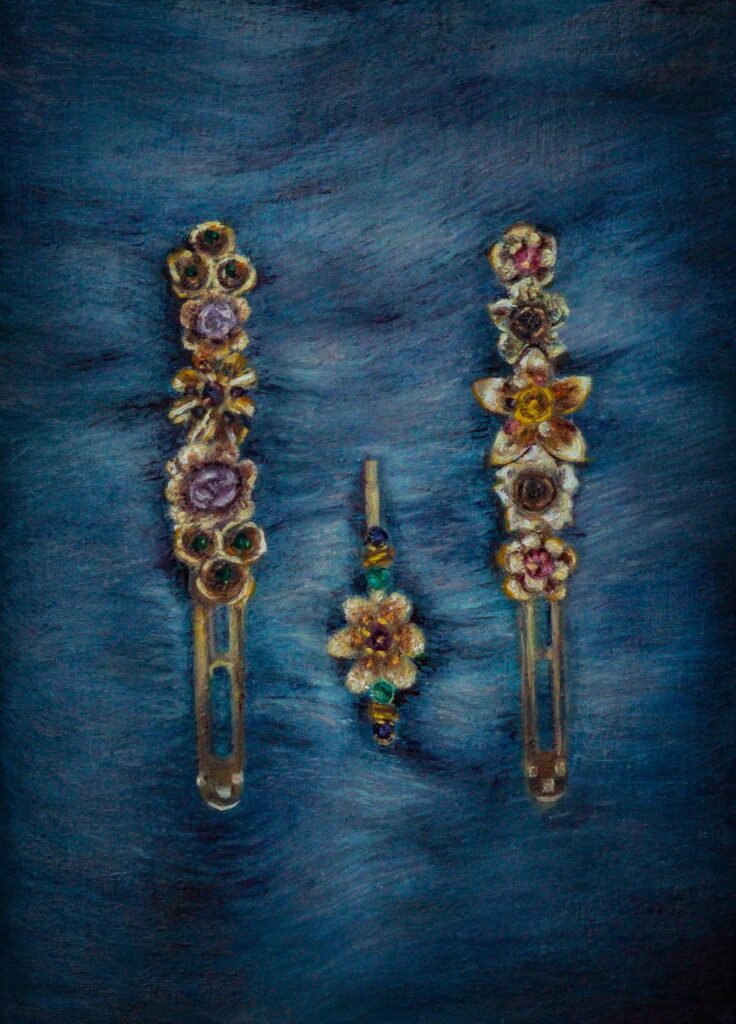 Floral Clips on Fur, by Ellie Kayu Ng, 2020, oil on wood