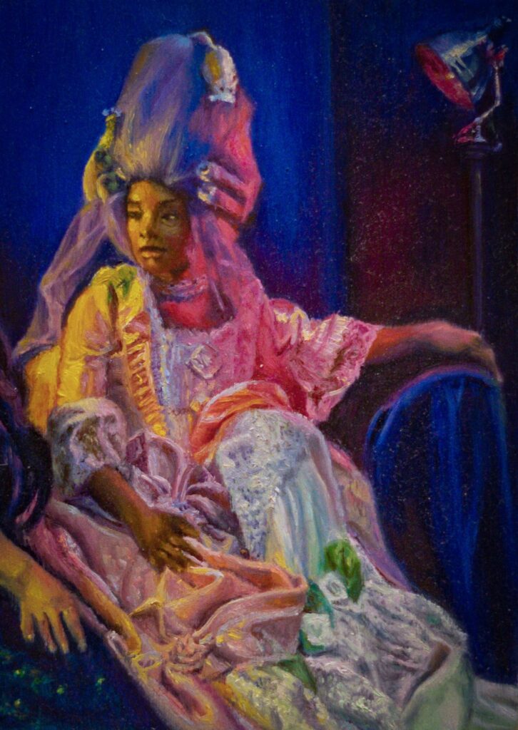 Model Wearing Costume, by Ellie Kayu Ng, 2020, oil on wood