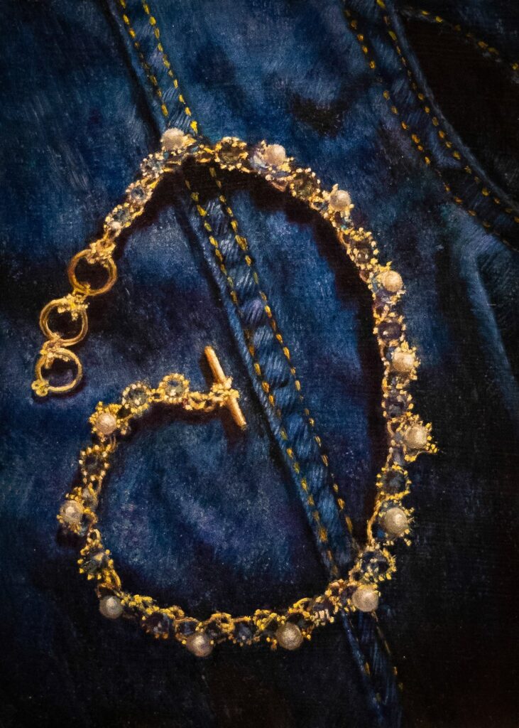 Necklace on Denim, by Ellie Kayu Ng, 2020, oil on wood