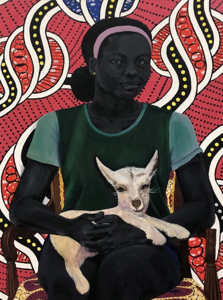 Woman Holding A Goat, by Uzo Njoku, 2018, oil and acrylic on canvas