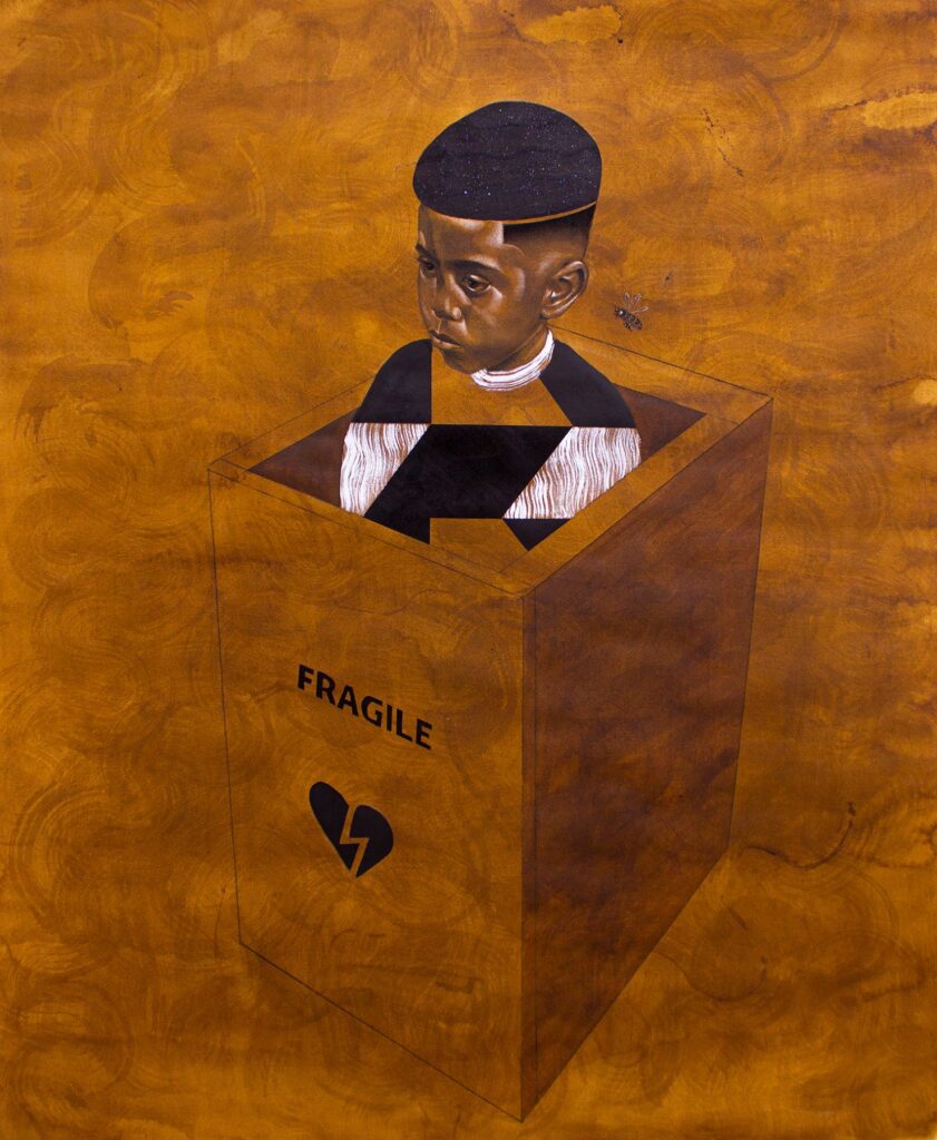 Henry Box Brown Paper, by Prinston Nnanna, 2019, acrylic, gouache, glitter, ink, and charcoal on hand toned paper