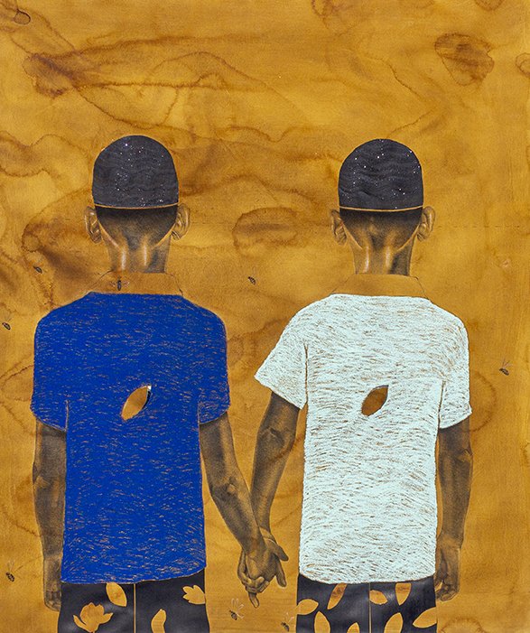 Kehinde and Taiwo, by Prinston Nnanna, 2021, charcoal, gouache, pastel, fine glitter, medium, India ink, acrylic ink, and newsprint on