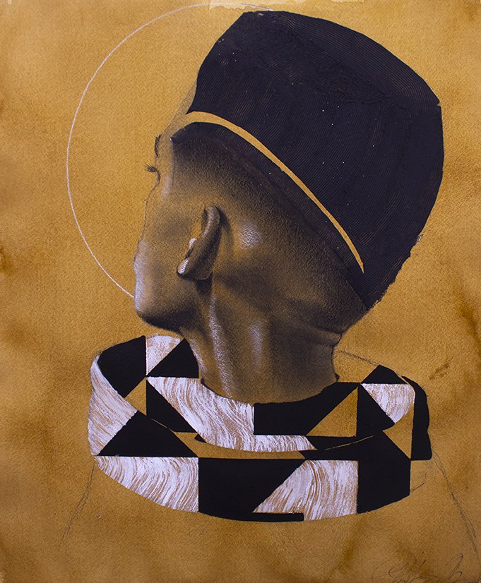 Young Spike Lee, by Prinston Nnanna, 2020, charcoal, gouache, fine glitter, acrylic, acrylic medium, and ink on hand toned paper