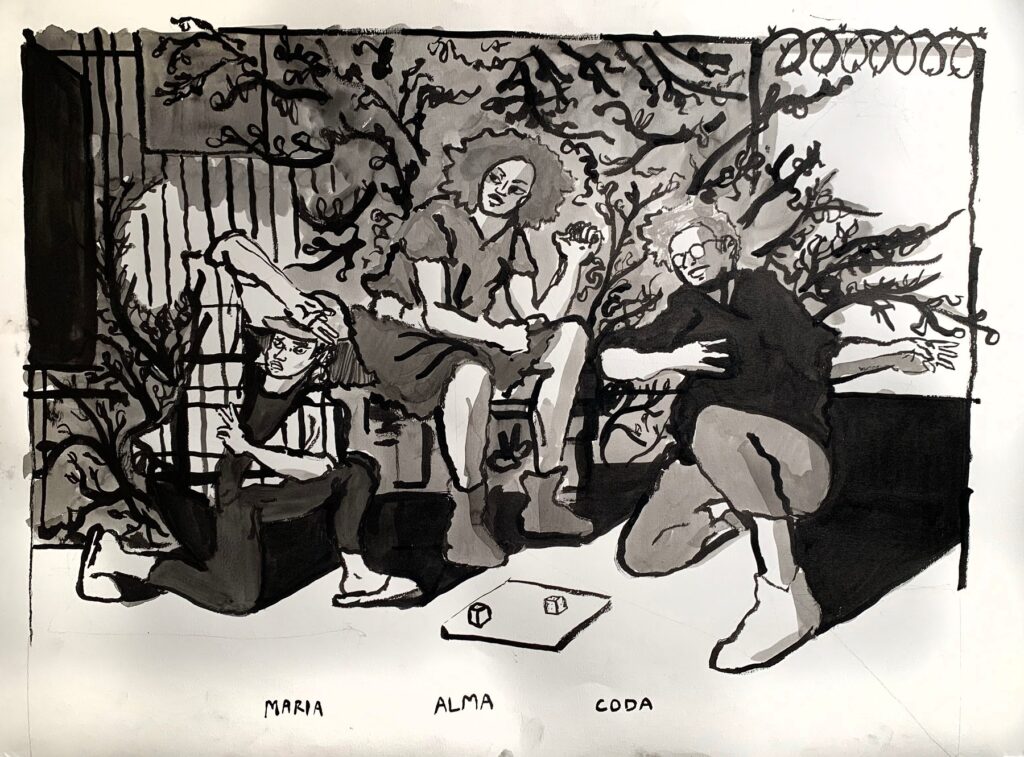 Dice Players, by Nelson Nuñez, 2019, ink on paper