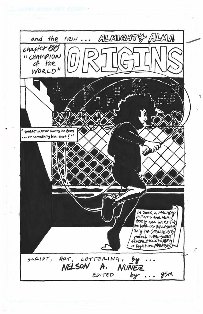New Alma Splash Page, by Nelson Nuñez, 2020, ink on illustration board