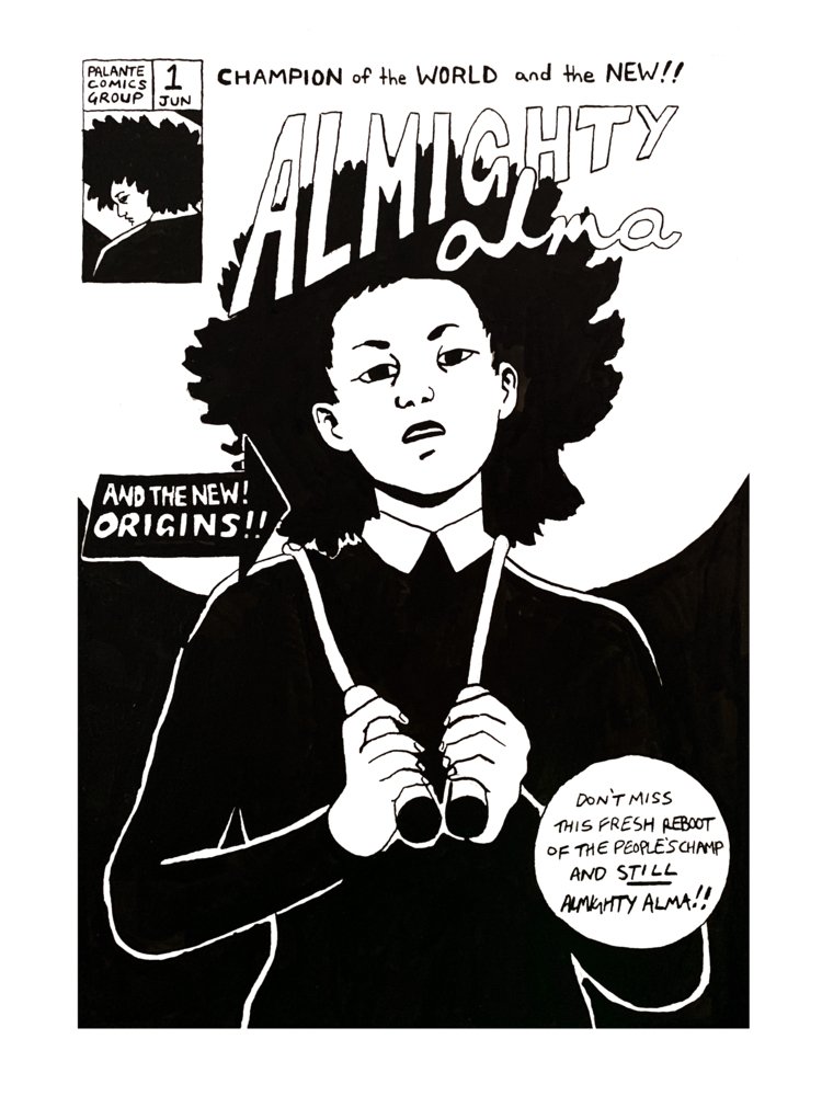 The New Almighty Alma Cover Page, by Nelson Nuñez, 2020, ink on illustration board