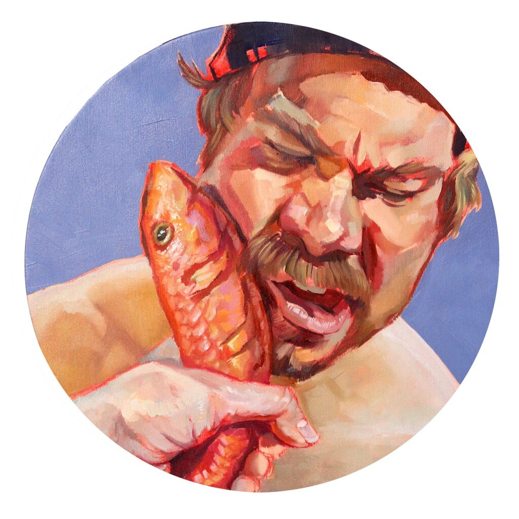 Smacked, by Siobhan O'Connor, 2020, oil on wood, 10 inches diameter