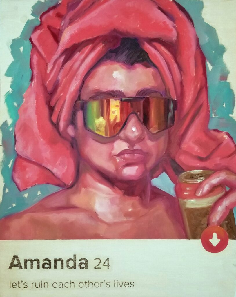 Stay Out of My DM's, by Siobhan O'Connor, 2019, oil on wood