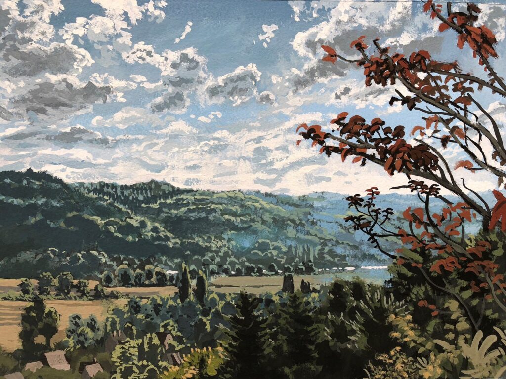 View of Giverny and Vernon, by Jackson O'Brasky, 2018, gouache on paper