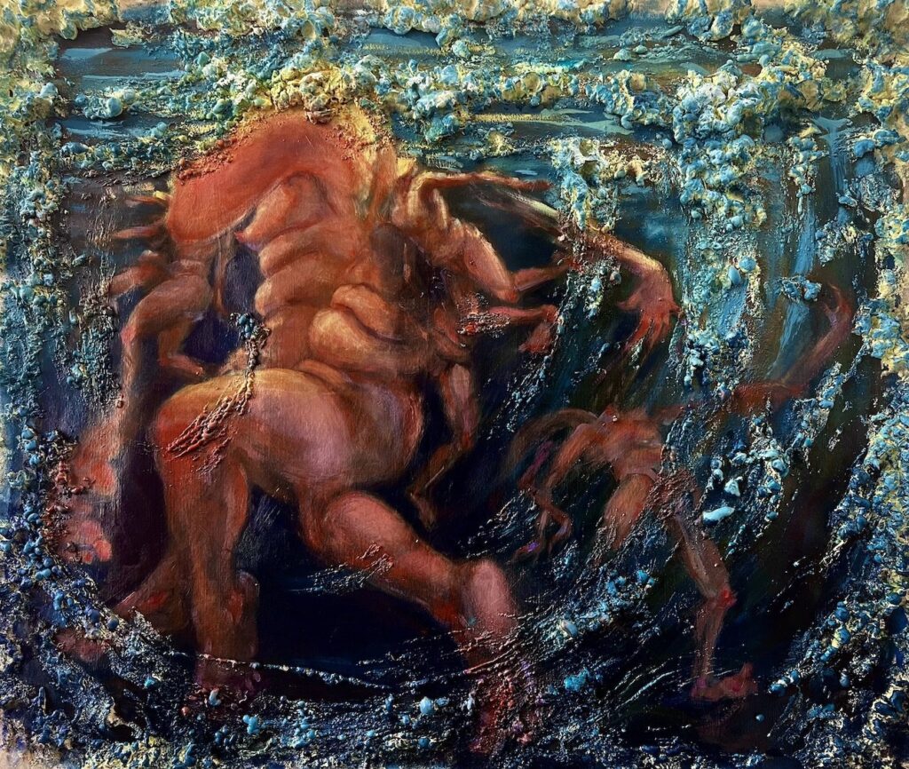Undertow, by Jamie Owens, 2024, oil and expanding spray foam on canvas