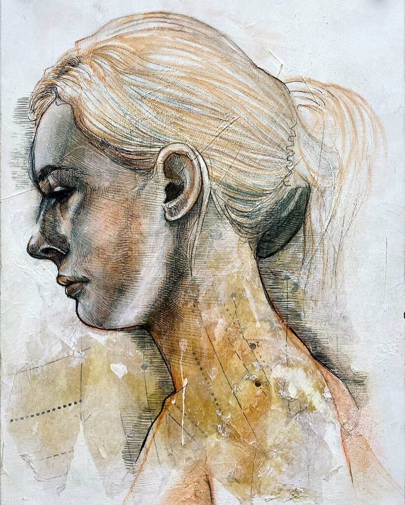 Head Study No. 1, by Phil Padwe, 2019, ink, charcoal, chalk, gesso, and Stabilo pencil on collaged sewing pattern mounted to boar