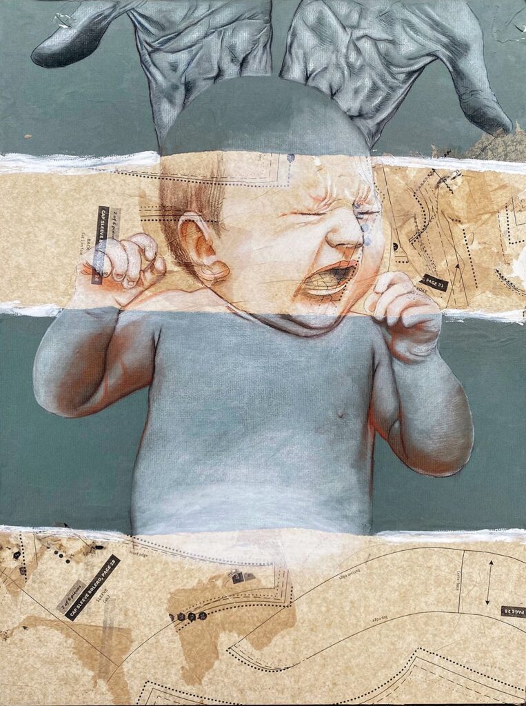 Nature Vs. Nurture, by Phil Padwe, 2020, charcoal, chalk, gesso, and crayon on collaged paper and sewing pattern mounted to panel