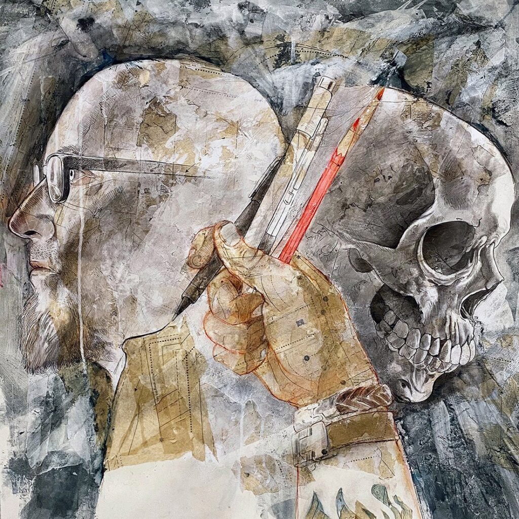 Self-Portrait, by Phil Padwe, 2020, charcoal, chalk, graphite, crayon, conte, pen, ink, printmaking ink, and colleged sewing p