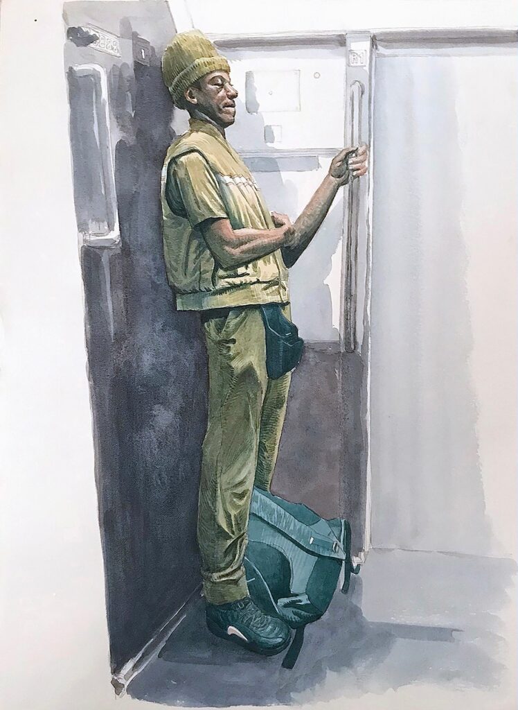 MTA Rider – UPS, by Guno Park, 2018, watercolor on paper