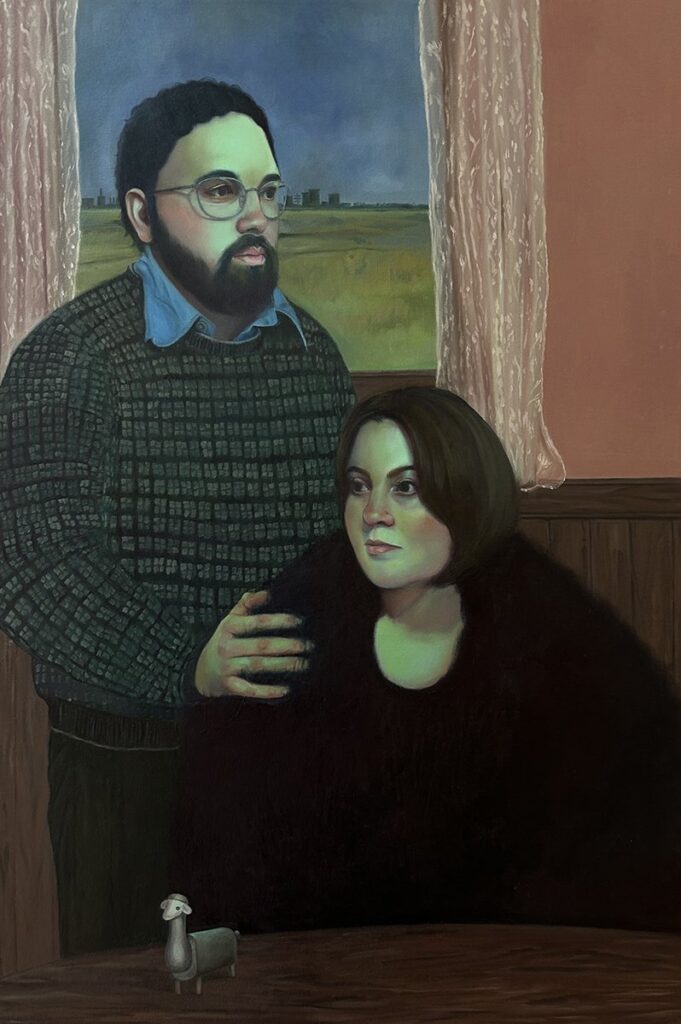 Avoiding Confrontation with the Toy Sheep, by Annabelle Parrish, 2023, oil on canvas