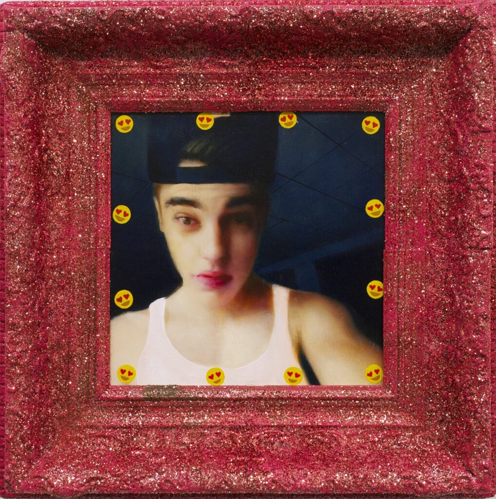 Justin Bieber has Feelings Too, by Eric Pedersen, 2014, Oil, spray paint, glitter, diamond dust on panel