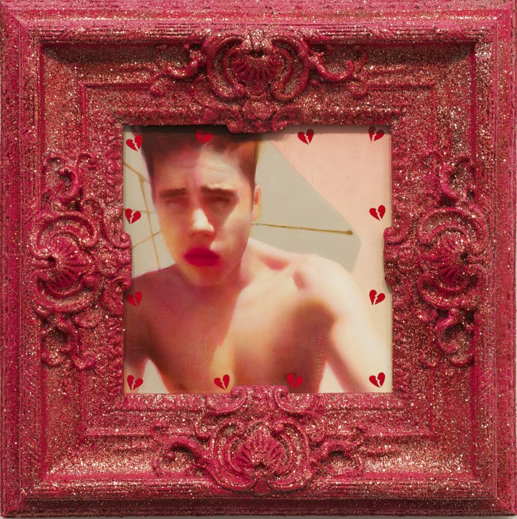 Justin Bieber has Feelings Too, by Eric Pedersen, 2014, Oil, spray paint, glitter, diamond dust on panel