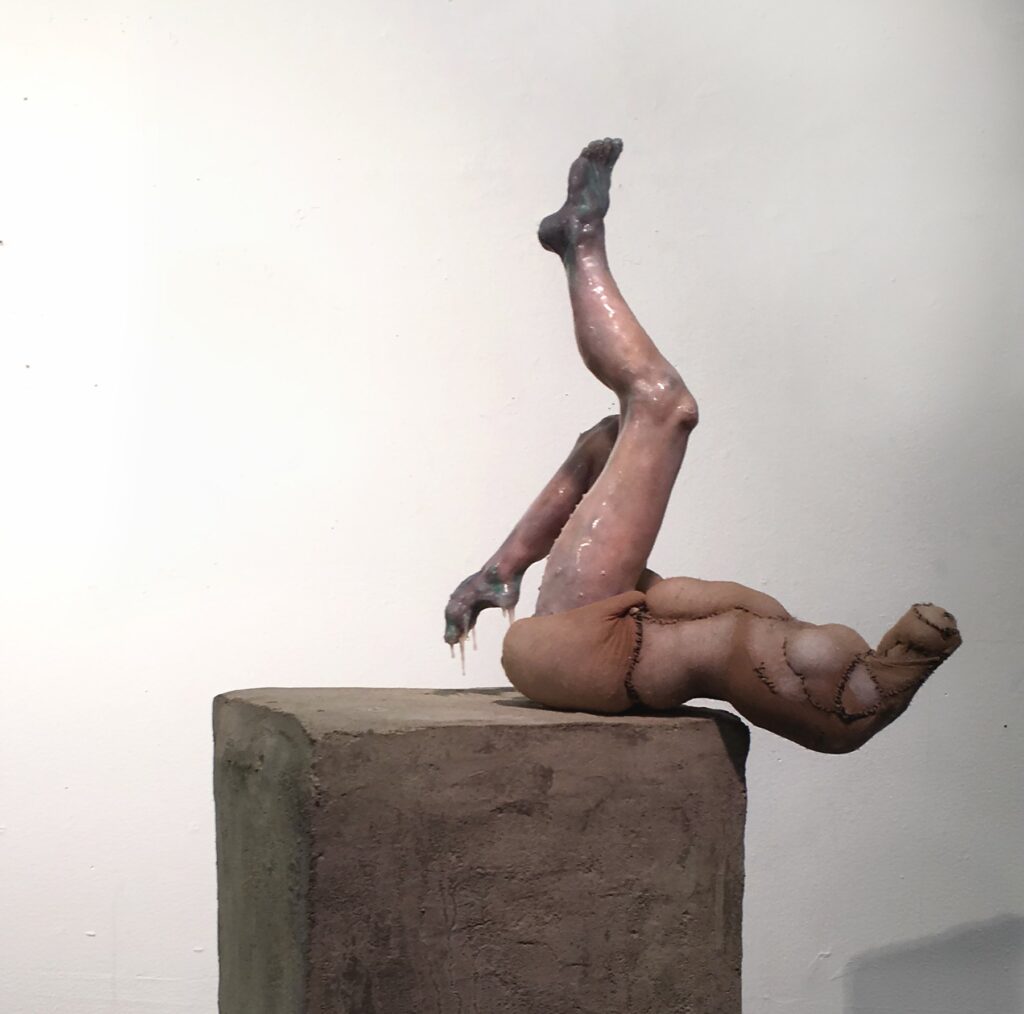 Not Your Baby, by Kristen Pedote, 2018, clay, nylon, wire, fiber fill, aluminum foil, and glass