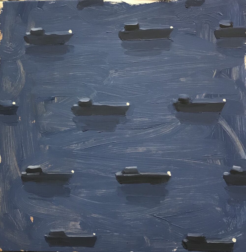 Ships on Violet, by Dan Pelonis, 2019, oil on wood