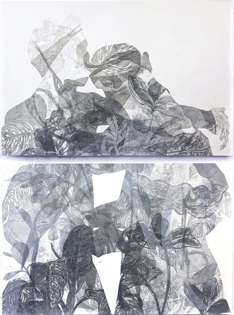 Here's to a Future Embrace, by Luján Pérez Hernández, 2020, oil-based ink on paper mounted to panel