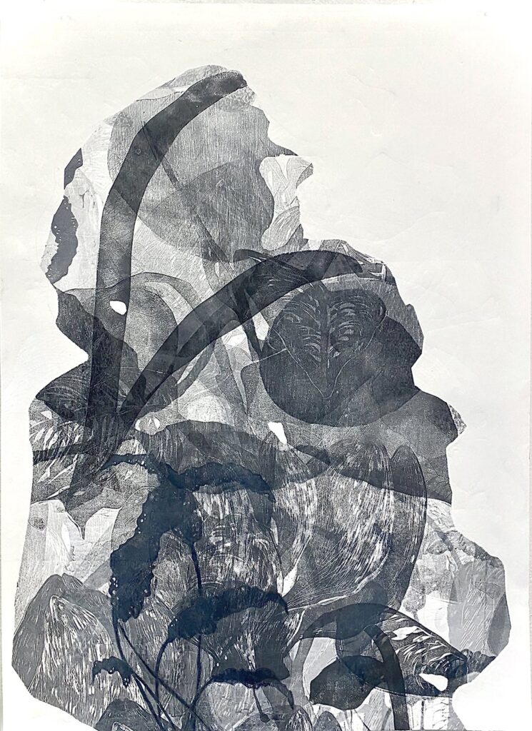 Here's to a Future Embrace III, by Luján Pérez Hernández, 2020, oil-based ink on paper mounted to panel