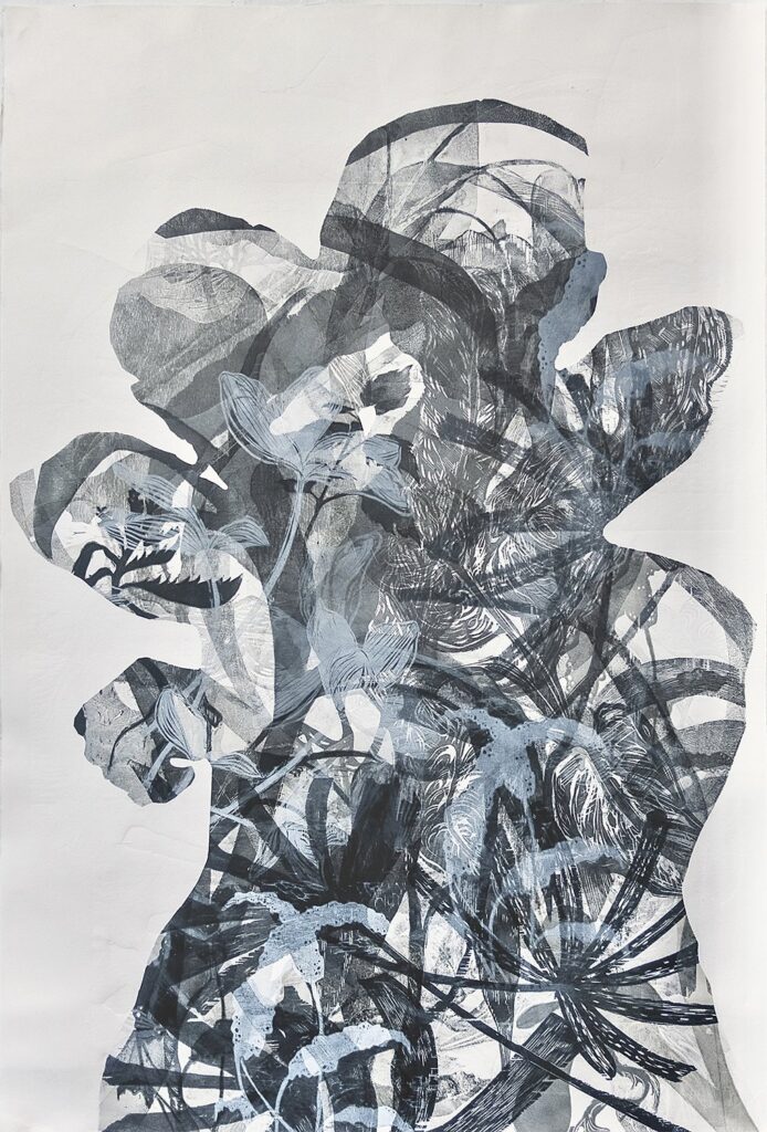 Here's to a Future Embrace IV, by Luján Pérez Hernández, 2020, oil-based ink on heavyweight Arches paper mounted to panel