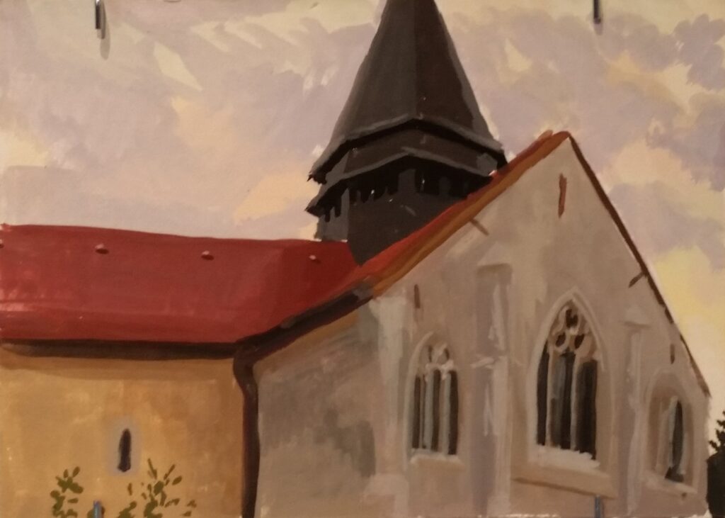 Giverny Church, by Max Perkins, 2014, Gouache on illustration board