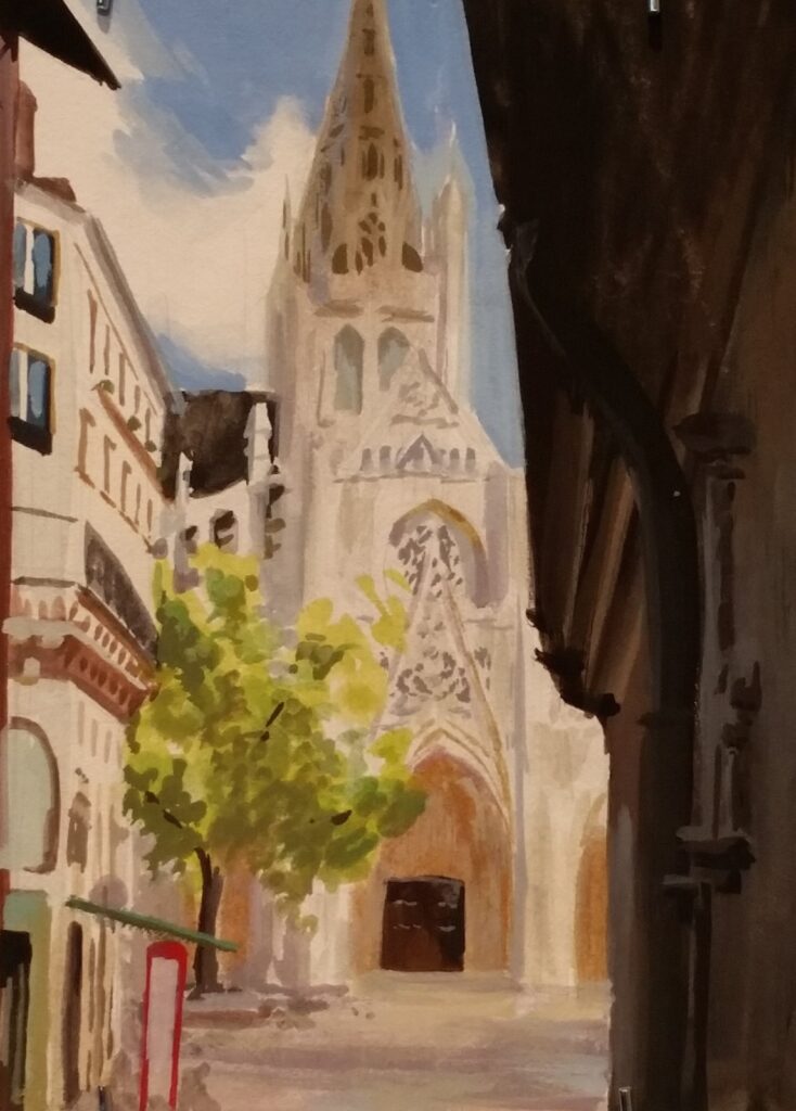 Rouon Cathedral, by Max Perkins, 2014, Gouache on illustration board