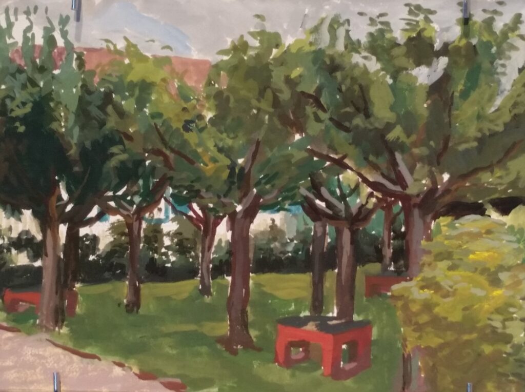 Trees in Courtyard, by Max Perkins, 2014, Gouache on illustration board
