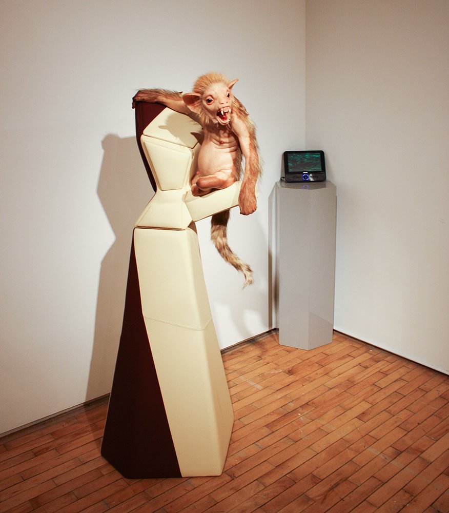Bodyguard, by Patricia Piccinini, 2004, acrylic resin, wood, DVD, monitor