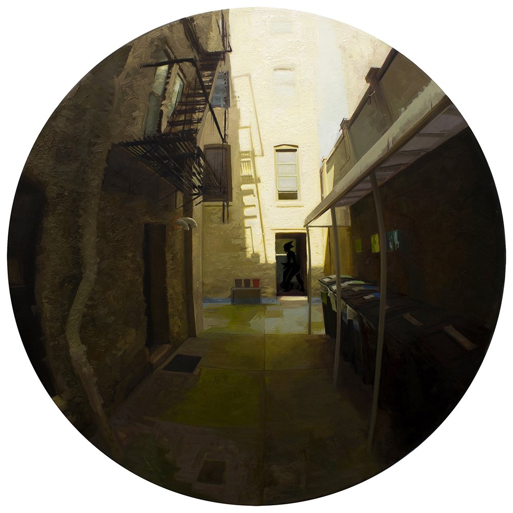 Put the Money in My Hand and I Will Do the Things You Want Me To, by Winternitz, 2021, oil on canvas, 48 inches diameter