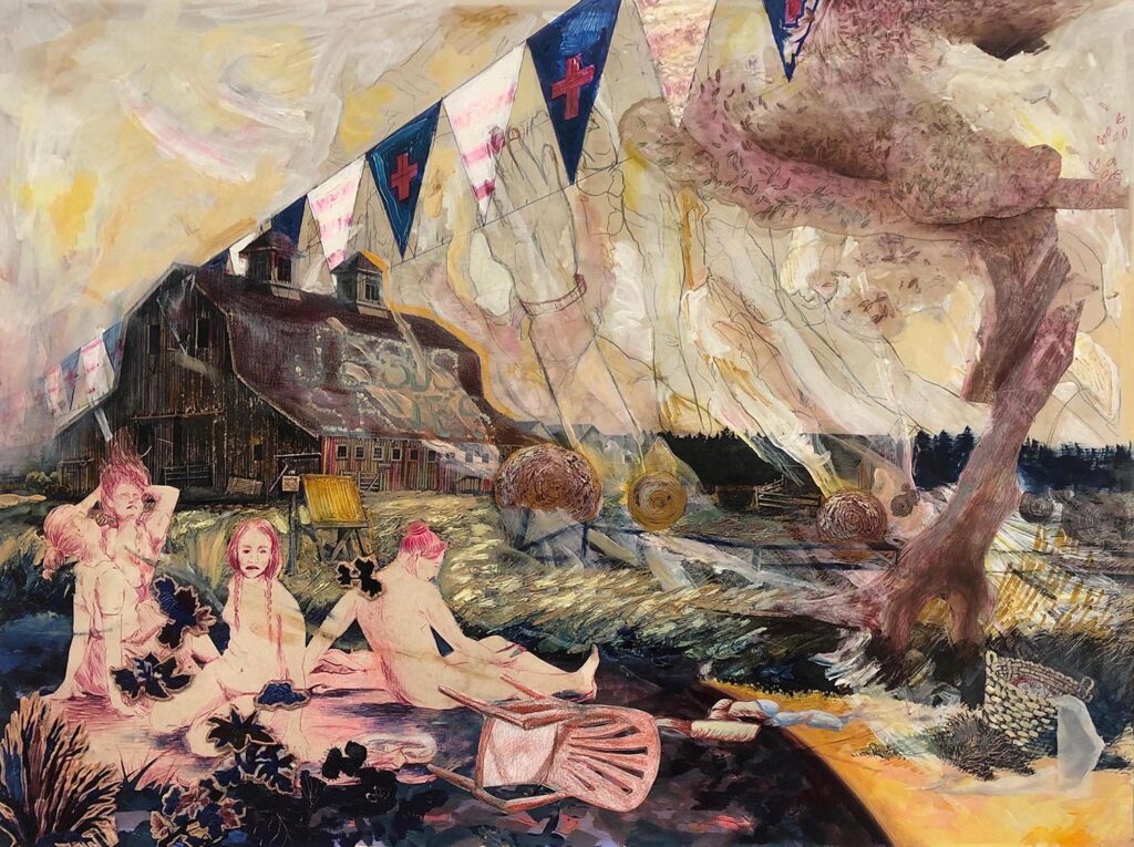Weeds, by Ruth L. Poor, 2020, oil, ink, hand embroidery, acrylic medium transfer, and fabric on panel