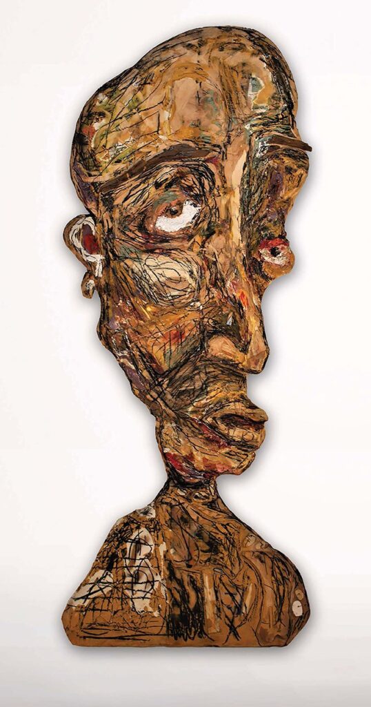 OG, by Emily Potts, 2017, oil, charcoal, and wood on plywood