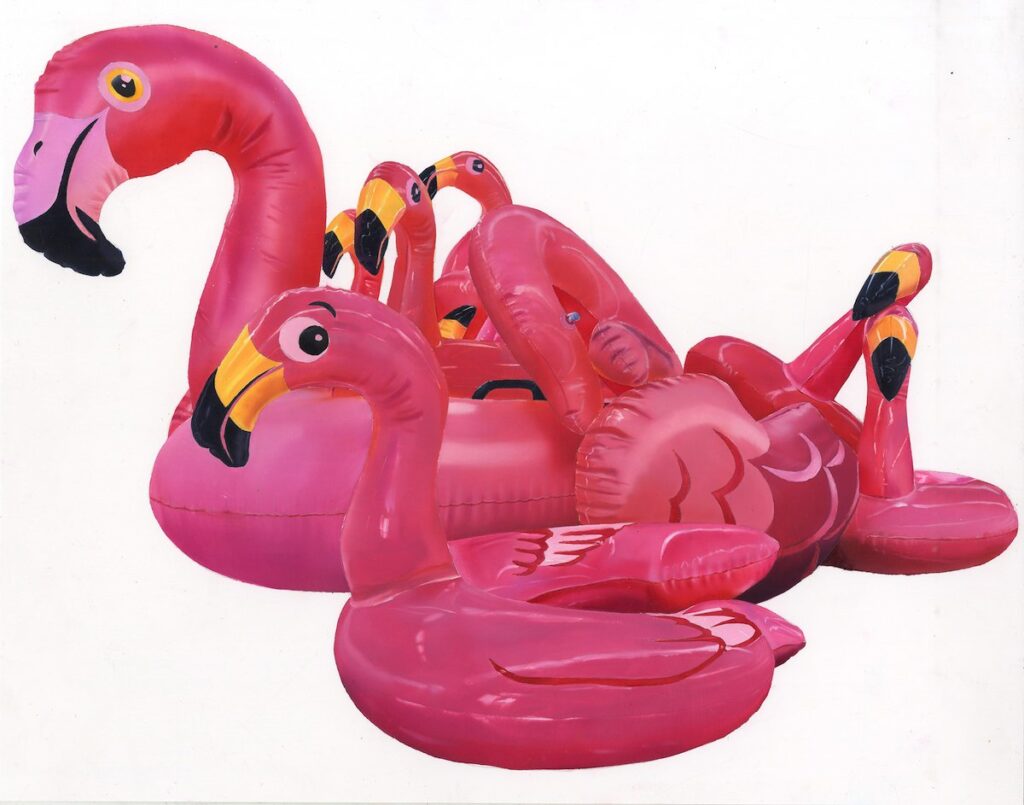 Side Eye Flamingo Study, by Ciara Rafferty, 2024, oil on Yupo paper
