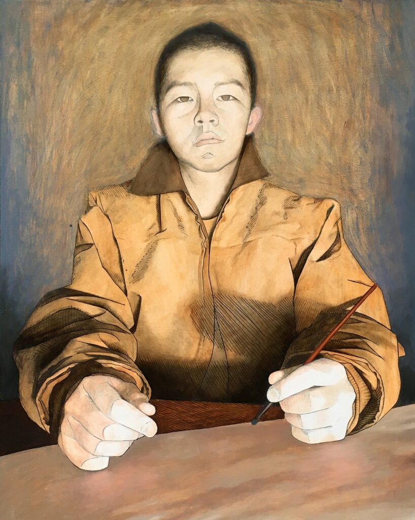 Jim, by Lucy Rahner, 2022, oil and sumi ink on panel