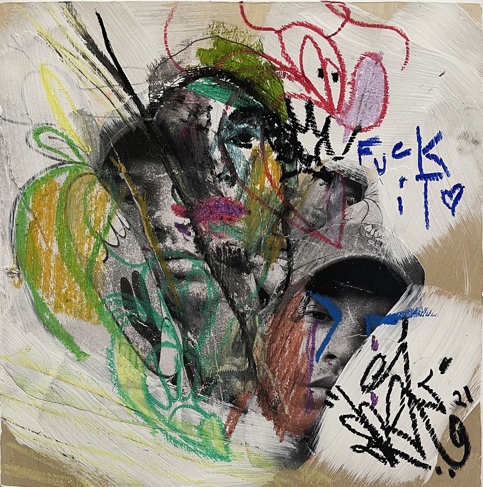 RAW, by Joshua Ramos, 2021, oil pastel, gesso, and paper collage on panel