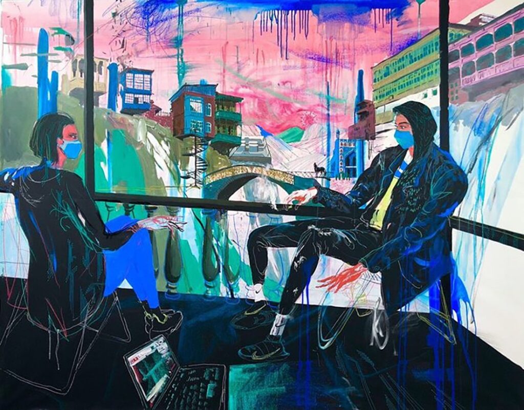 Love Without Proximity, by Tedore Rekhviashvili, 2020, oil, tempera, acrylic, crayon, graphite, and ink on canvas