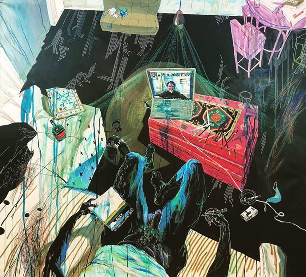 Painting Class, by Tedore Rekhviashvili, 2020, oil, tempera, acrylic, crayon, graphite, and ink on canvas