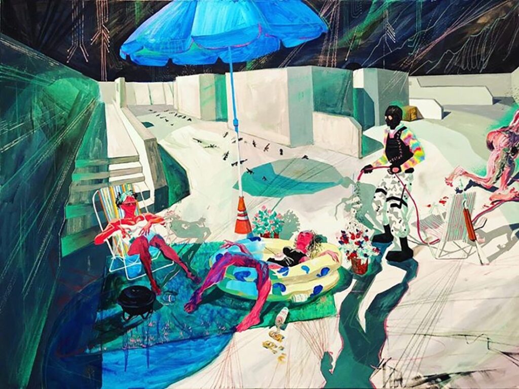 Picnic-Fy_Snow, by Tedore Rekhviashvili, 2020, oil, tempera, acrylic, crayon, graphite, and ink on canvas
