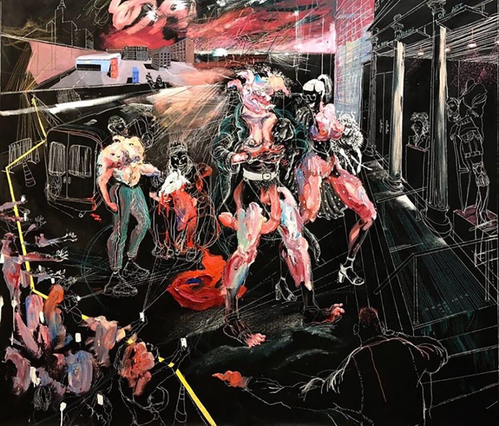 Tribeca – Assault C.S. 1.6, by Tedore Rekhviashvili, 2020, oil, tempera, acrylic, crayon, graphite, and ink on canvas