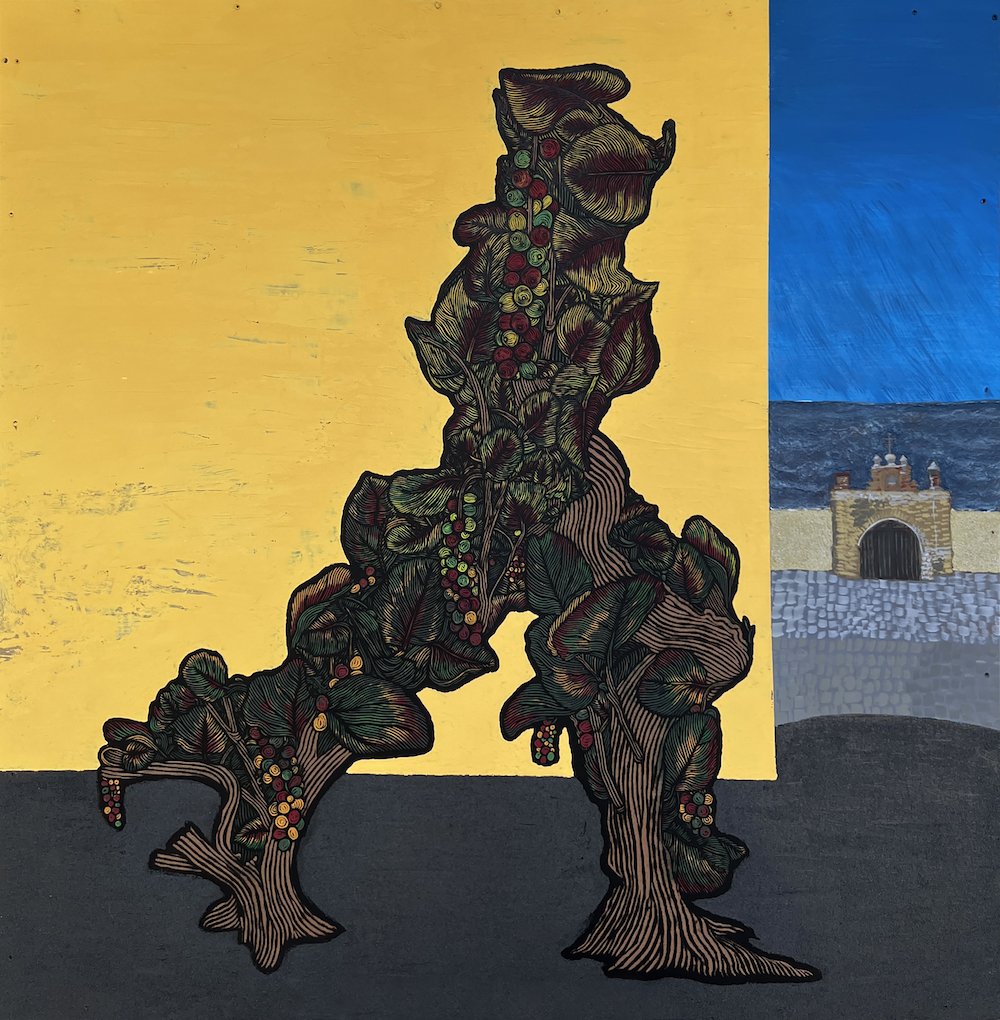 La Calle Esta Tan Seca, Pero la Manera Esta Tan Resbaladizo, by Jacoub Reyes, 2023, acrylic, and resin on found panel
