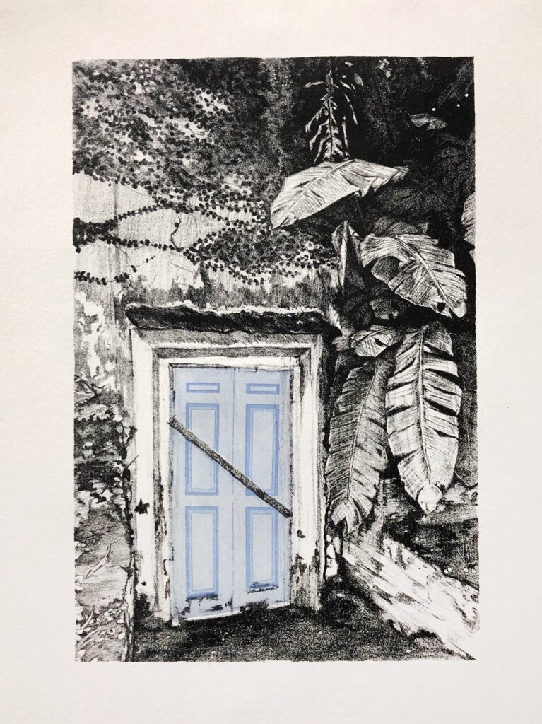 Behind the Blue Door, by Maxwell Roath, 2019, lithograph, etching, and aquatint on paper